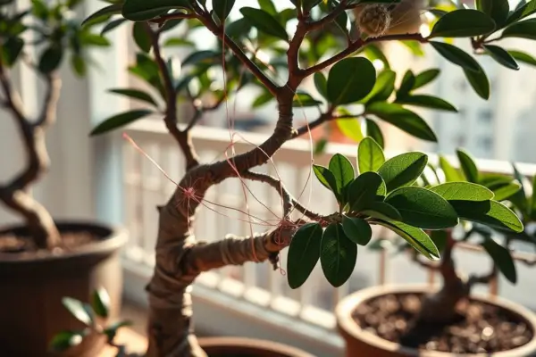 Aplicação de Arame em Galhos Bonsais de Jabuticaba Cultivados em Varanda Ensolarada