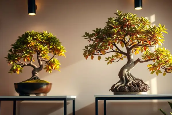 Nebari Superficial em Bonsais Tropicais de Figueira Microcarpa Cultivados em Estantes de Sala com Iluminação Artificial