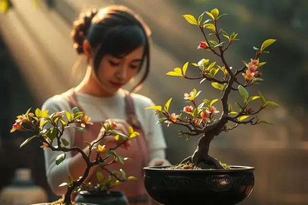 Brotação Floral Inicial em Bonsais Frutíferos Tropicais Cultivados em Jardineiras Domésticas na Primavera Úmida por Mulheres Iniciantes